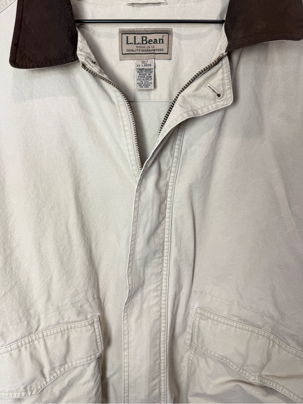 L.L.Bean Chore Jacket Canvas Barn Coat Leather Collar Beige XXL Tall - Picture 3 of 9